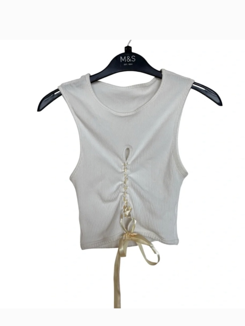 KIKIRIKI White Crop Tank Top W Ribbon Feature | M